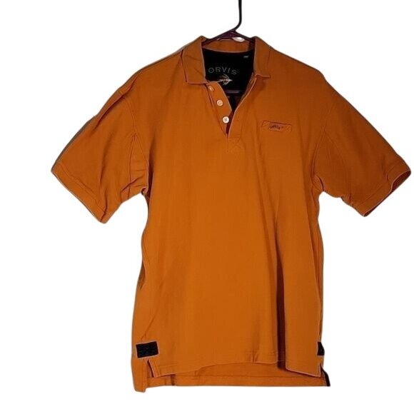 Orvis Mens Orange Polo Shirt W/ Black‎ Patches Made In Peru L-T - Picture 1 of 9